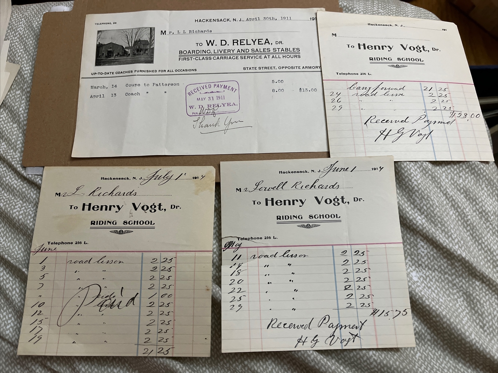 1911-14 Invoices from Hackensack NJ Equestrian Companies Riding Lessons Stables