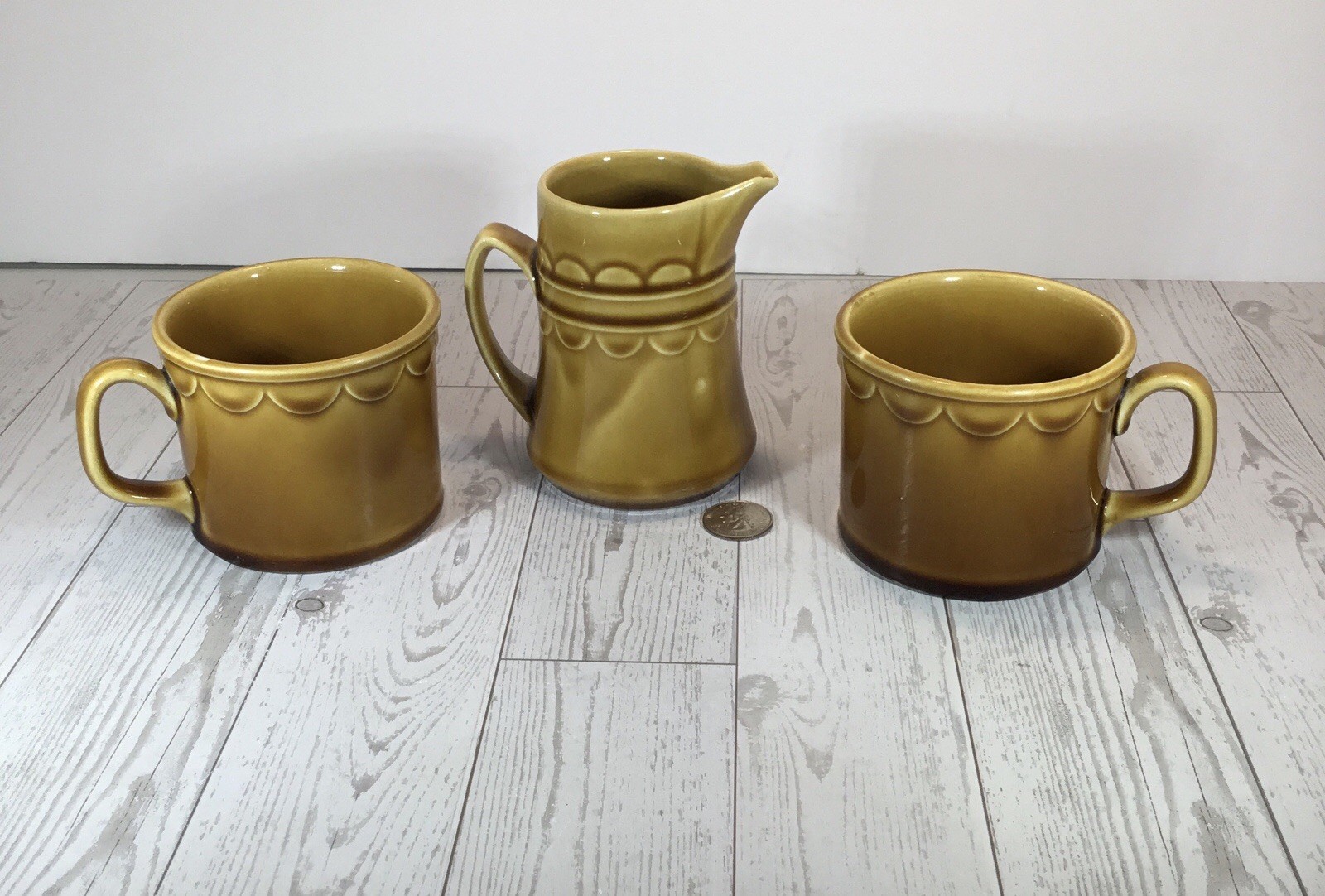  Intake Homer Laughlin Granada Harvest Gold/Amber GlazeCreamer And 2 Coffee Cups