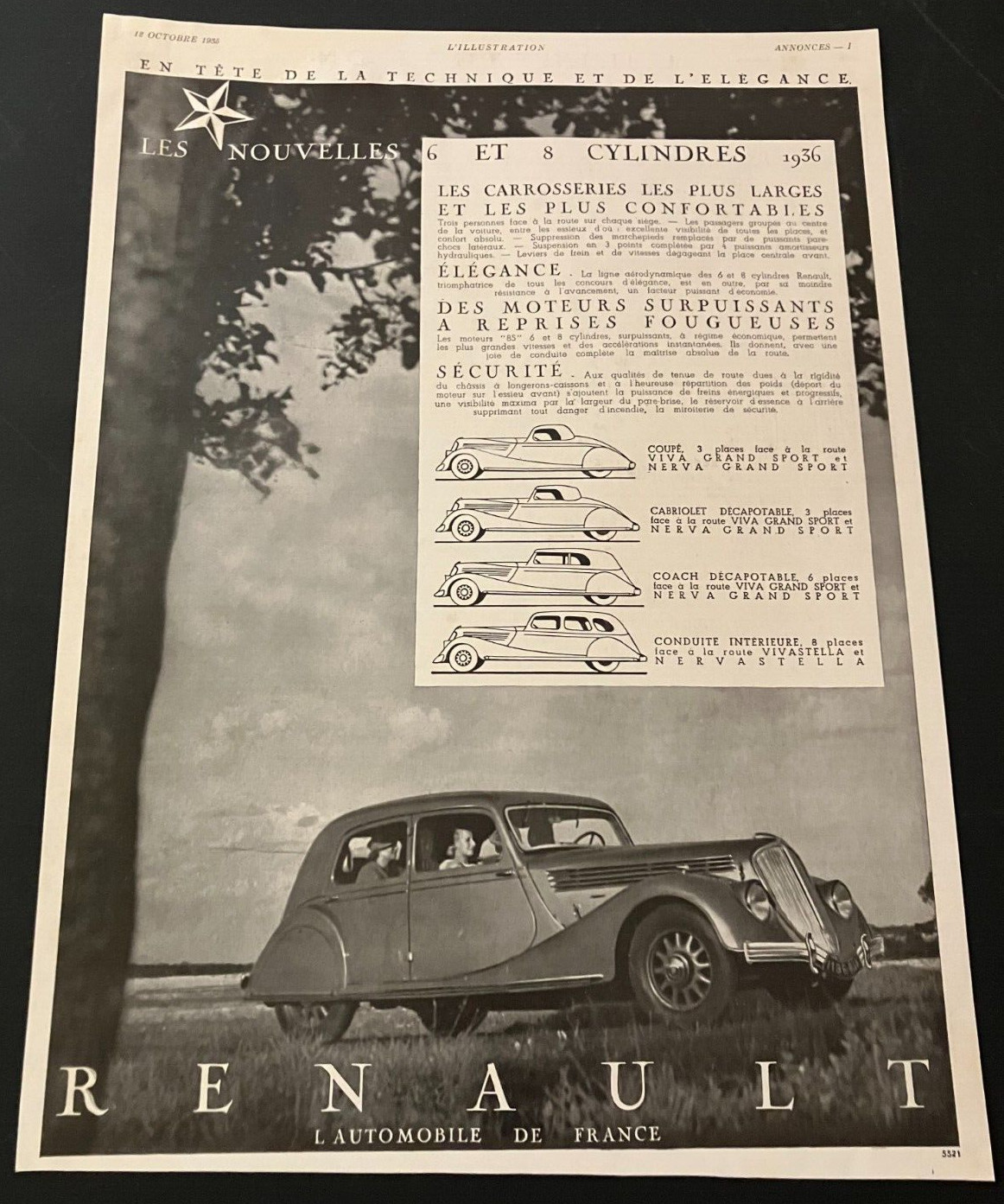 French 1936 Renault 8-Cylinders - Vintage Original Print Ad / Wall Art - CLEAN
