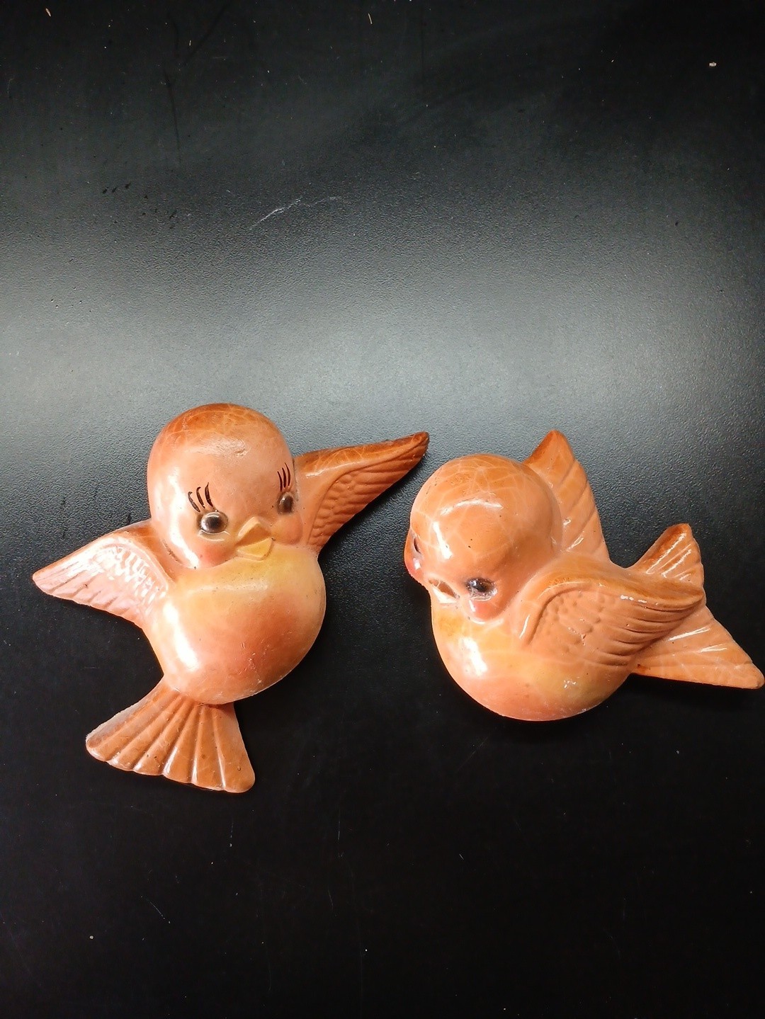 Vintage MCM Orange Chalkware Birds Wall Art Hanging Orange 6” Set  Kitsch