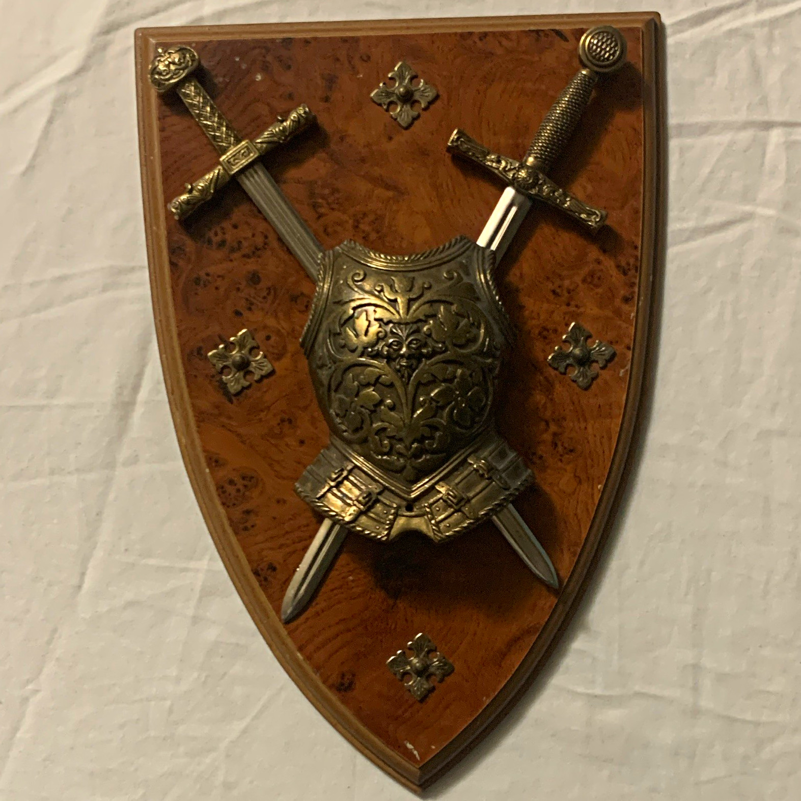 Spain Medieval Decorative Wall Shield Plaque, Wood & Metal, Crossed Swords