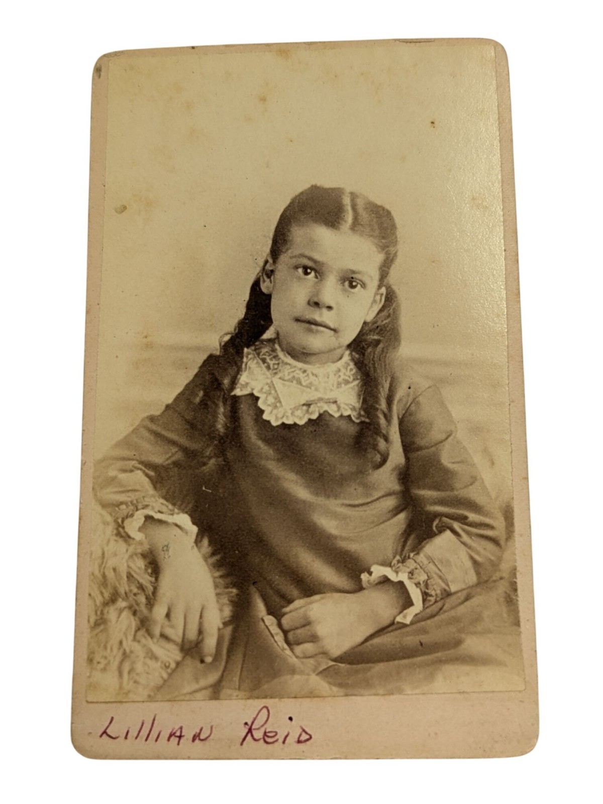Antique CDV Photo Boston Young Girl Portrait Lillian Reid Victorian Card 4x2.5