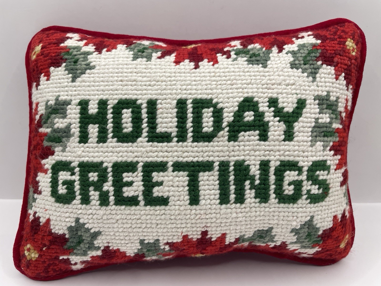 Vintage Small Needlework Pillow Holiday Greetings Christmas Half Cross Stitch