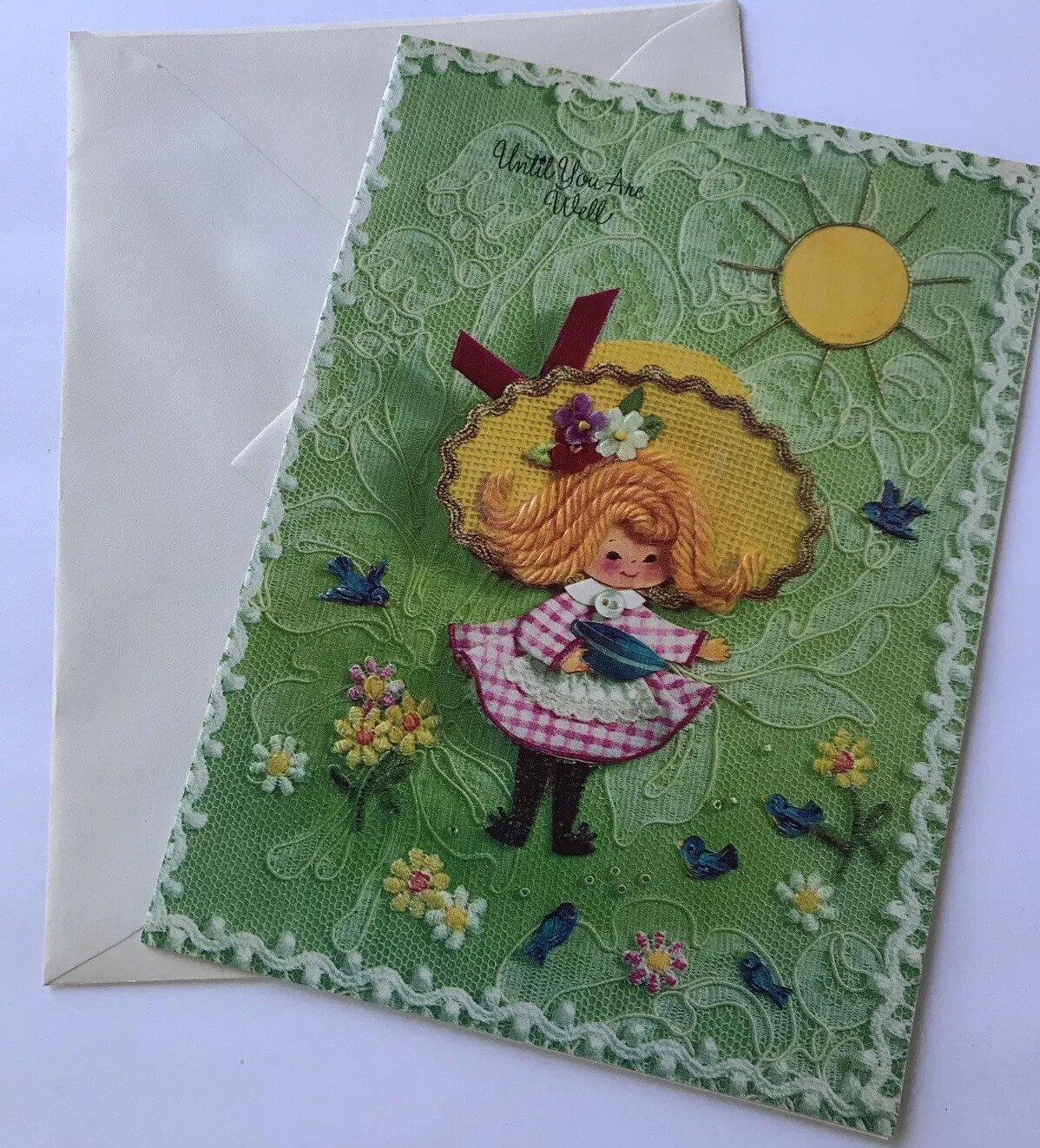 Vintage Bonnet Girl Card Get Well Greeting Embossed Coronation USA F4