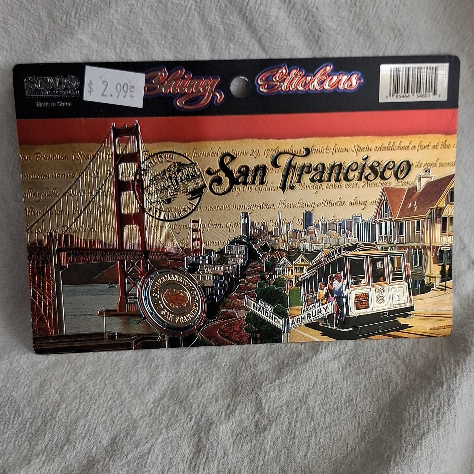 San Francisco Shiny Souvenir Sticker Sheet Golden Gate Bridge Cable Car 6in