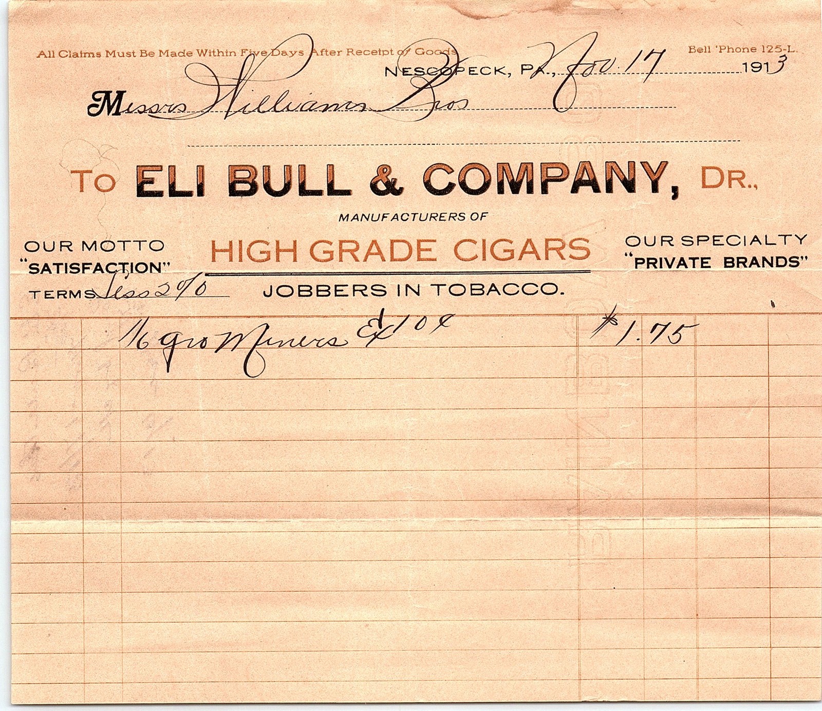1913 PA Tobacco/Cigar Billhead - Eli Bull & Company