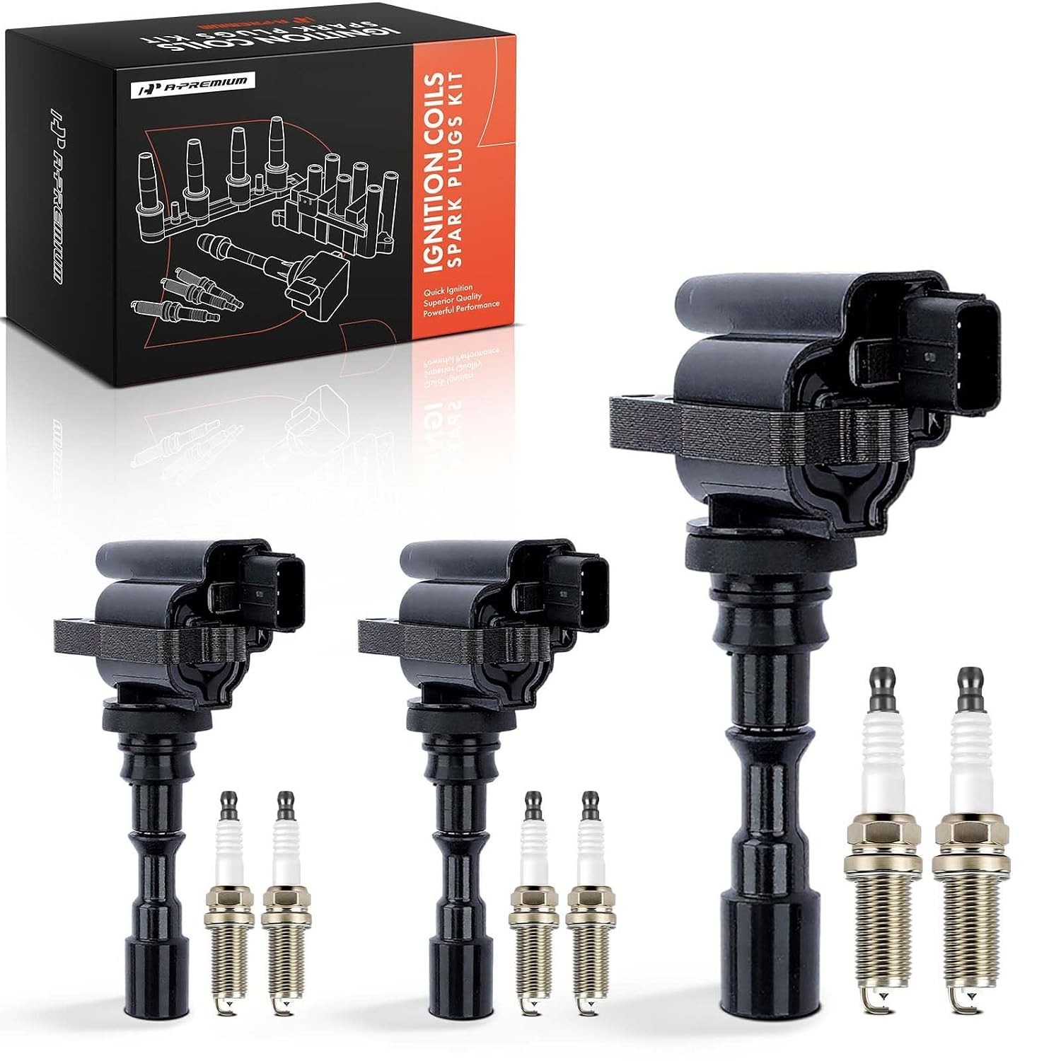 A-Premium 3x Ignition Coil Pack and 6x Iridium Spark Plugs Compatible with Kia S