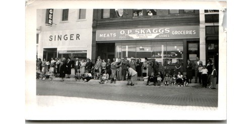 OP Skaggs Grocery & Singer Crowd Parade Street Scene Photograph 1930s-50s