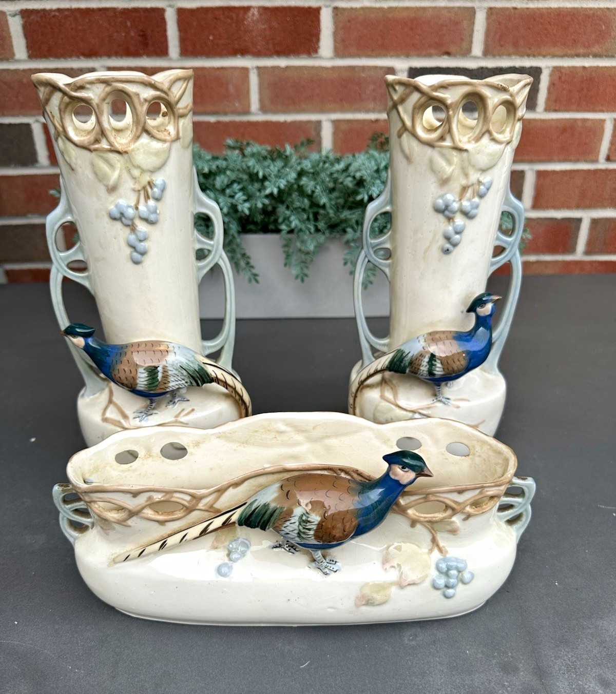 Vintage set of 3 Art Nouveau ceramic or porcelain pheasant bird vases & mail