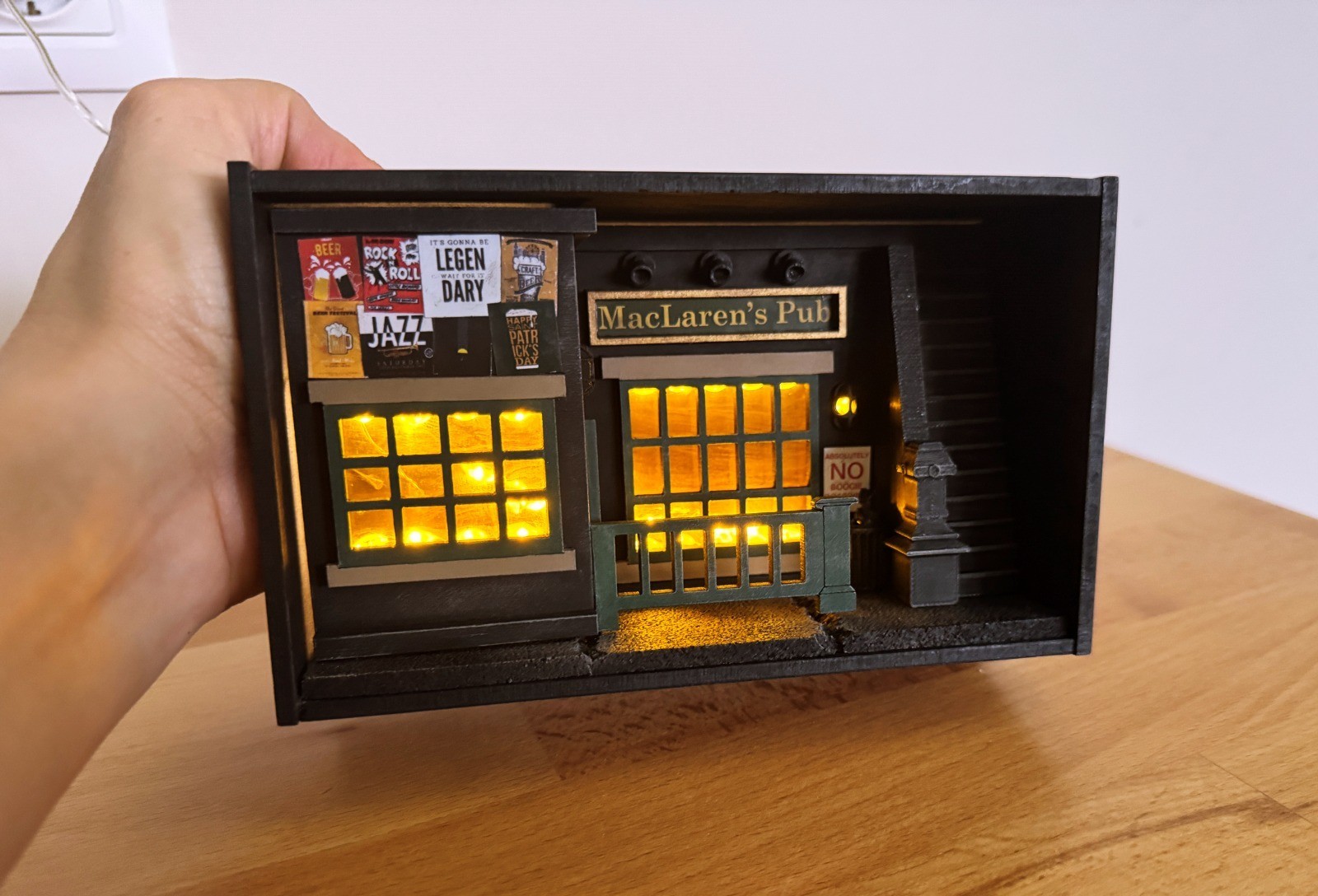 Miniature McLaren\'s Pub Diorama with LED Lights – Handmade Bar Scene Decor
