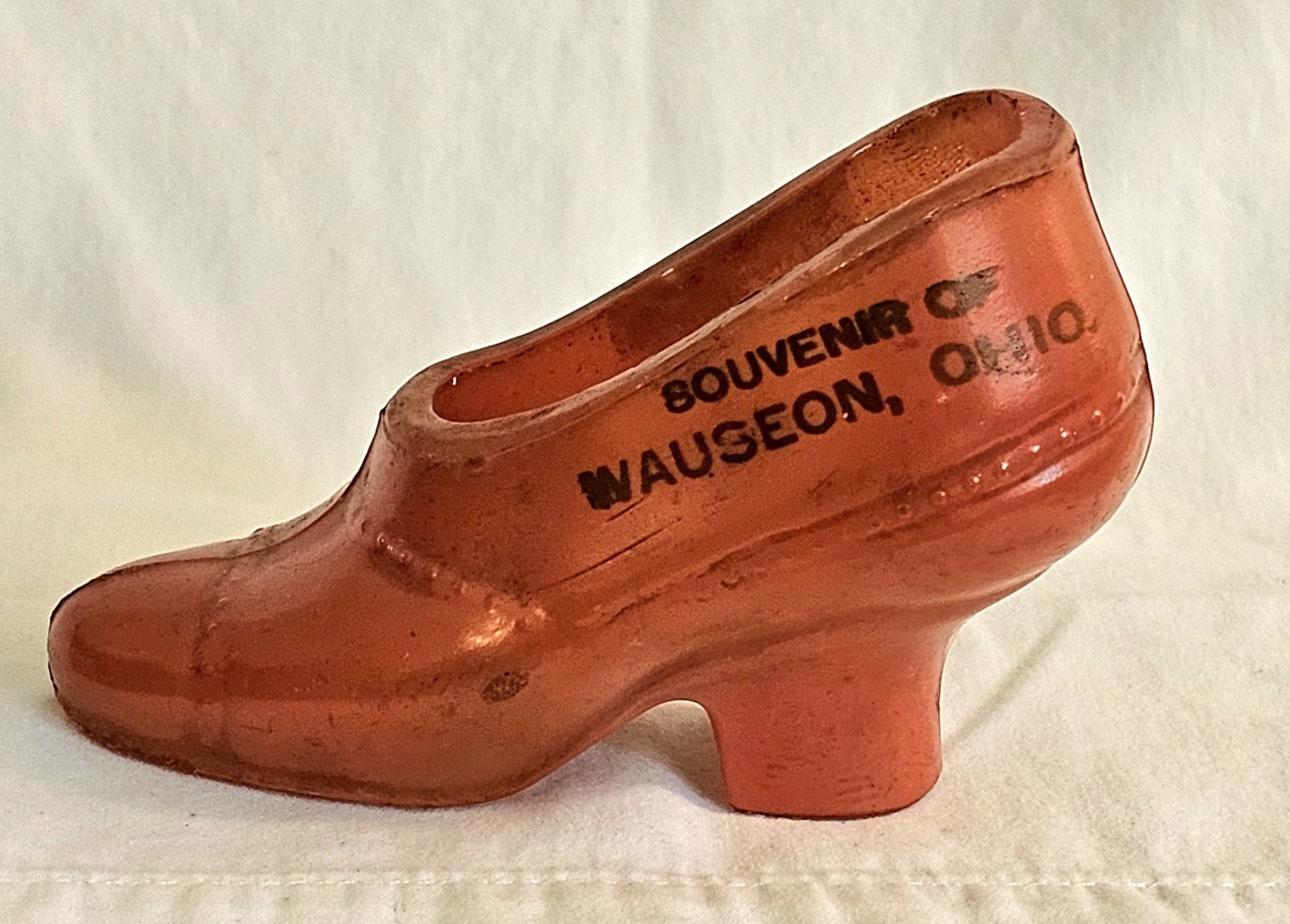 Vintage 1930s Antique Red Orange Painted Glass Shoe Souvenir Wauseon Ohio 4.5