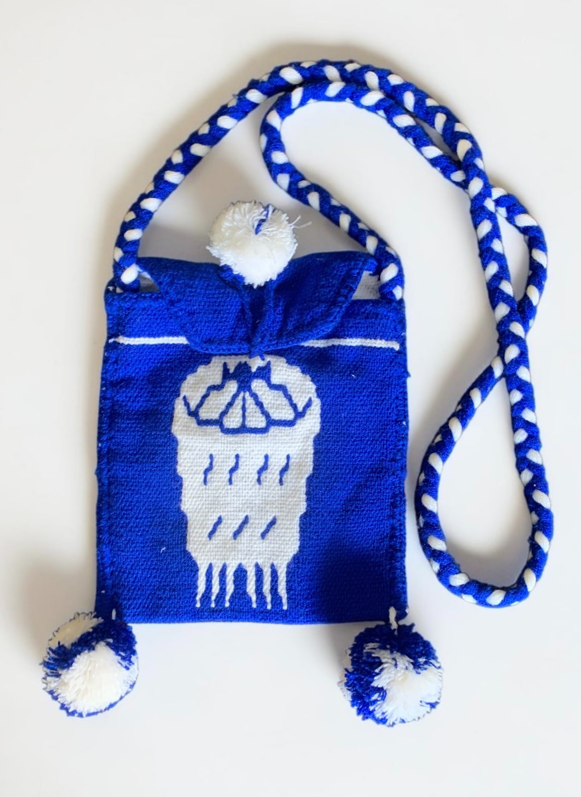 Huichol Wixárika Mexican Woven Blue Morral Shoulder Bag Pom Pom Folk Art