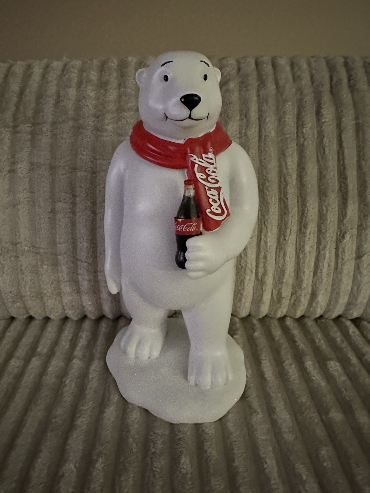 12” Coca-Cola Polar Bear Christmas Figurine w/Bottle of Coca-Cola & Red Scarf