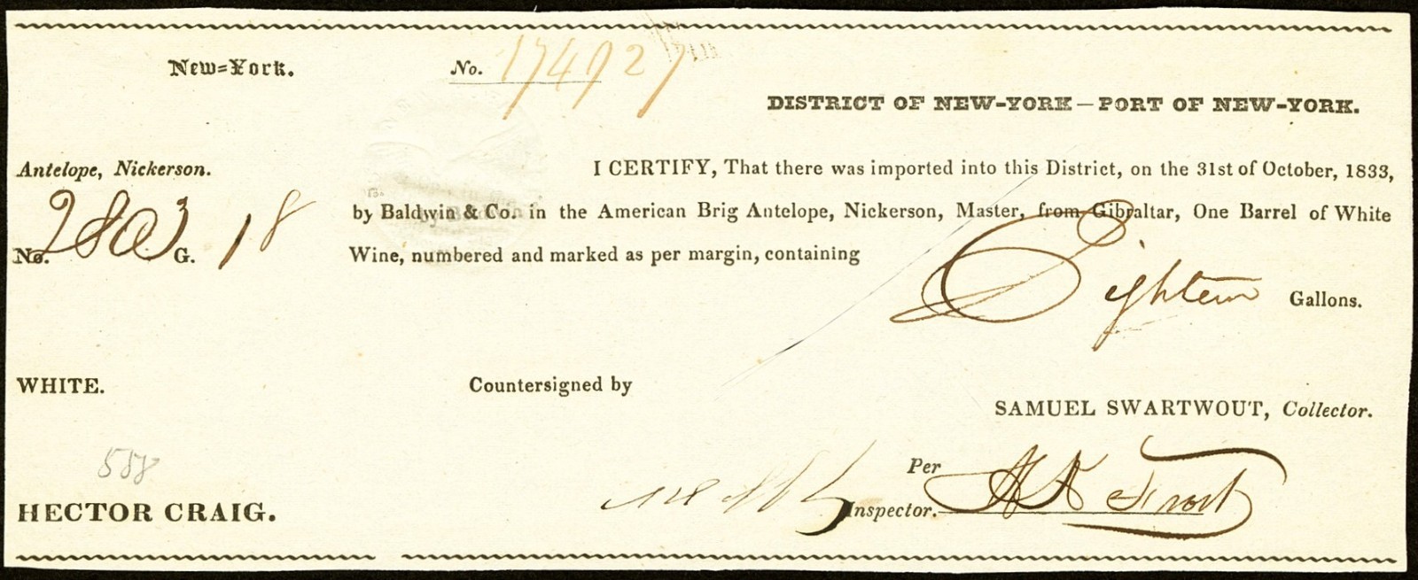 NY New York US Customs White Wine Import Certificate Oct 1833 Samuel Swartwout