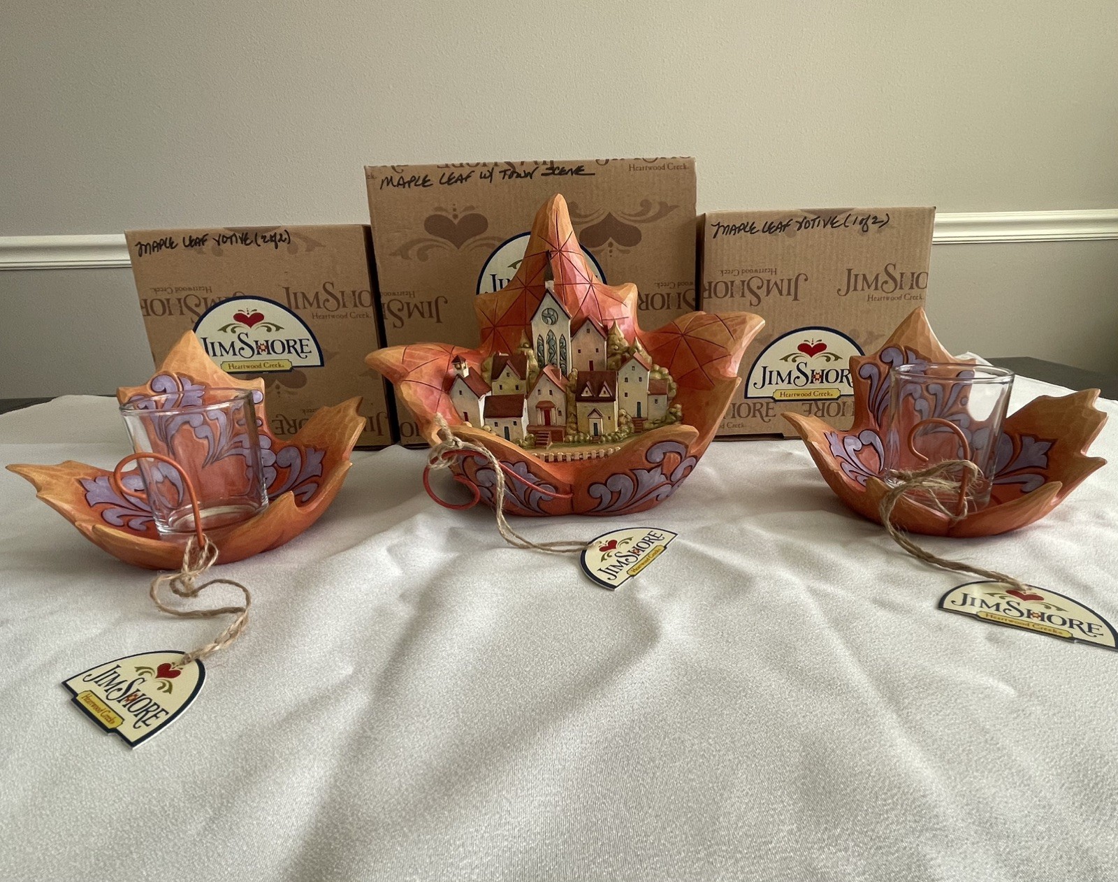 Jim Shore Autumn’s Splendor FULL Set, Leaf and TWO Votive Tea Lights-NEW in Box