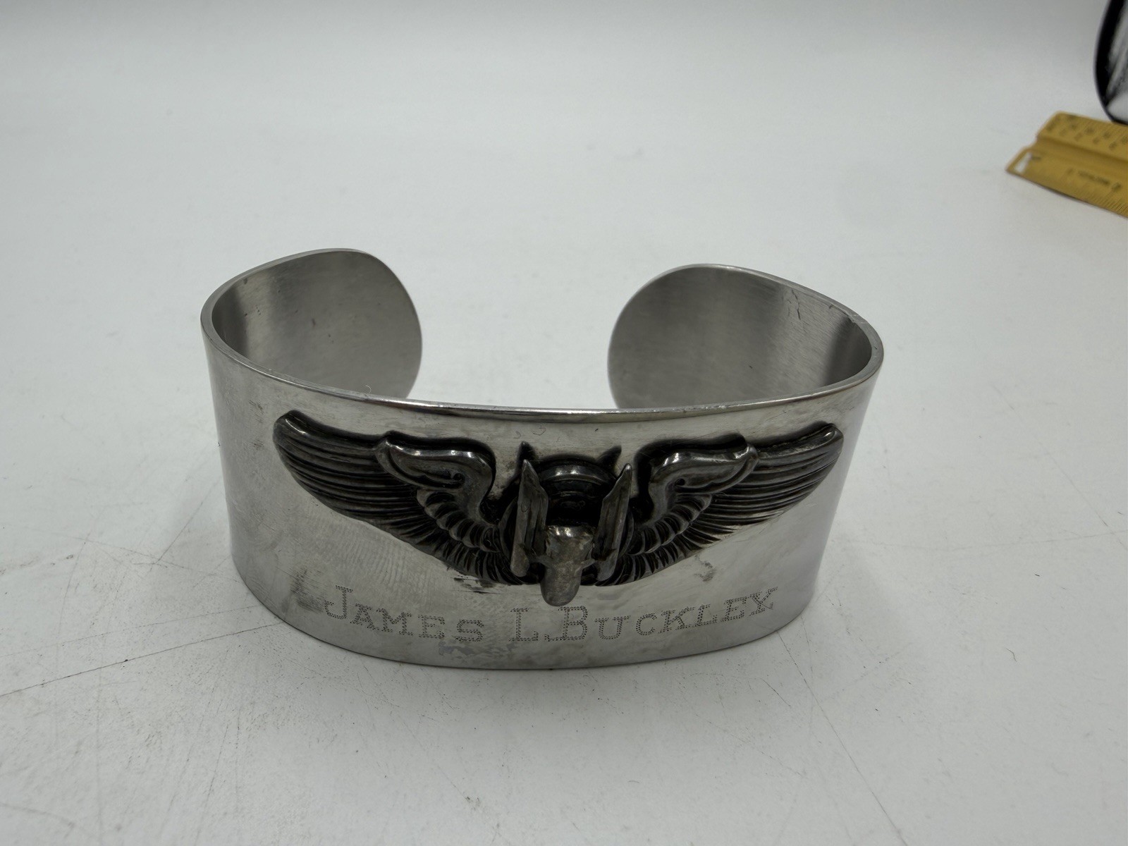 Vintage WWII USAAF Pilot Wings ID Cuff Bracelet James L Buckley Trench Art