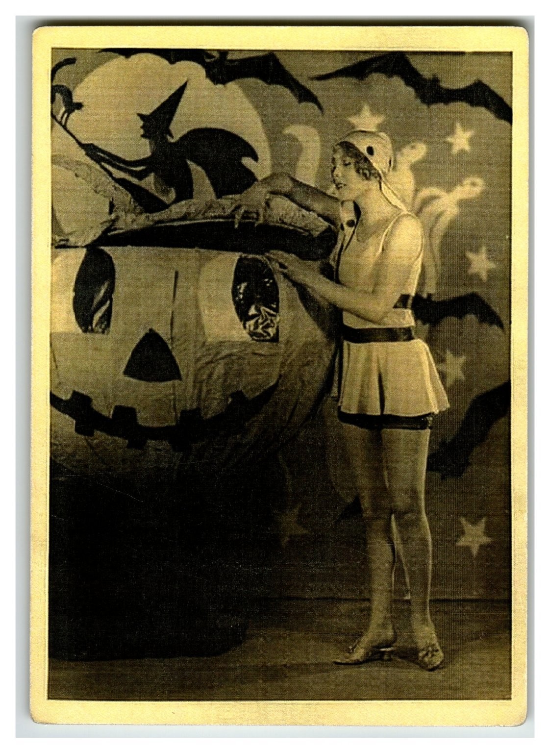 Vintage Halloween Flapper Girl Witch & Giant Jack-O'-Lantern Postcard RPPC RARE