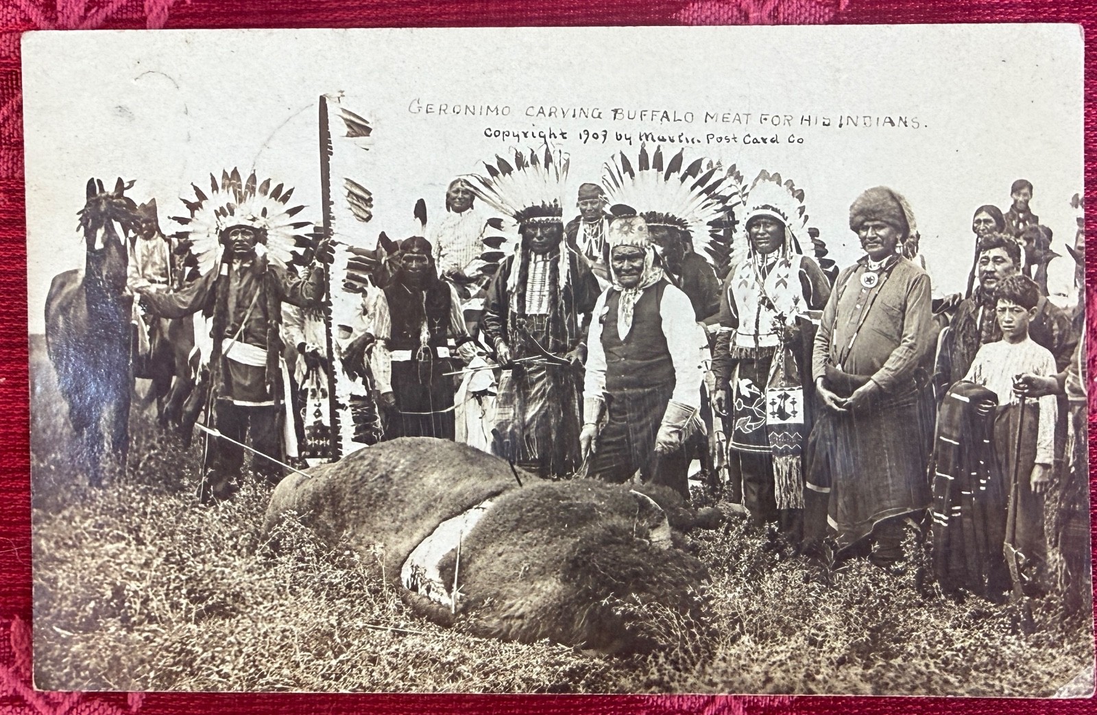 Geronimo Carving Buffalo Meat for his Indians 1909 RC Photo Postcard