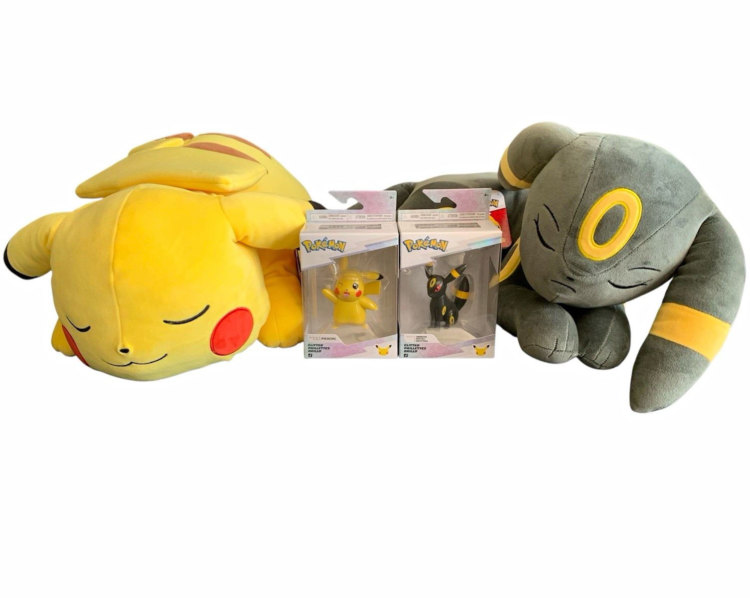 Pokémon Pikachu & Umbreon Sleeping 18” Plushies + Matching Glitter 30th Figures