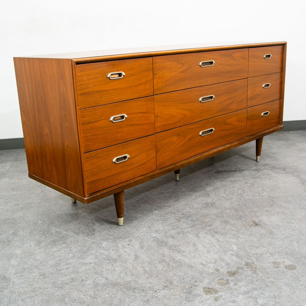 Mid Century Modern Dresser Credenza BP John Metal 9 Drawer Walnut Vintage Mcm NM