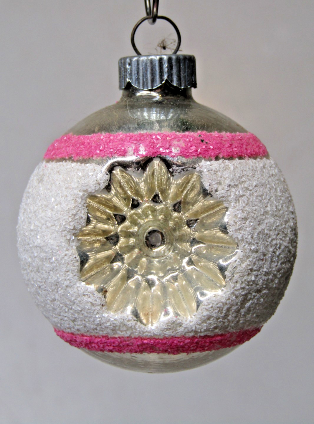 VTG WWII Glass Pink Mica STARBURST Indent BALL Christmas Ornament Shiny Brite