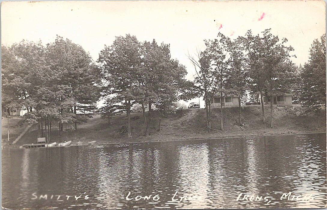 RPPC Irons Michigan Long Lake Smitty's Cabins Shoreline View 1950s era