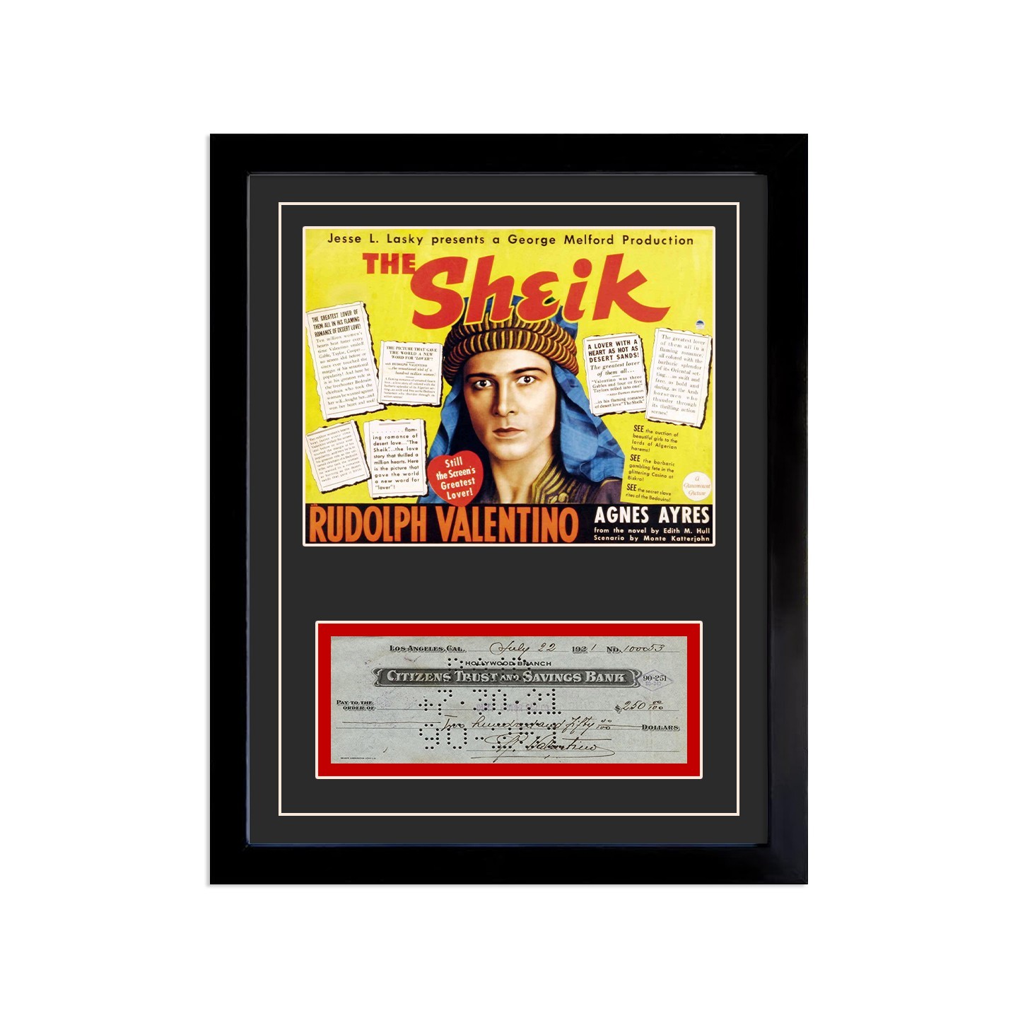 Rudolph Valentino Reproduction Signed Cancelled Check  Framed Display