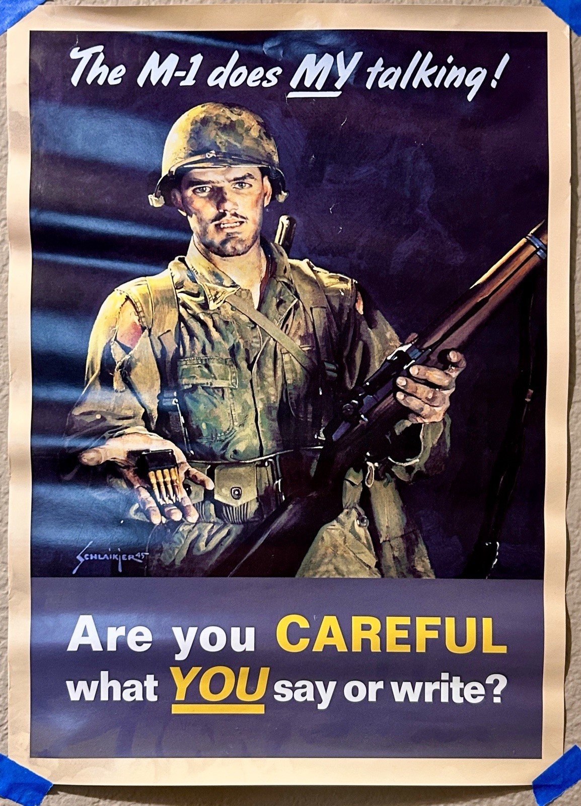Vintage WWII Propaganda Poster THE M-1 DOES MY TALKING 12” x 16.5” Schlaikjer