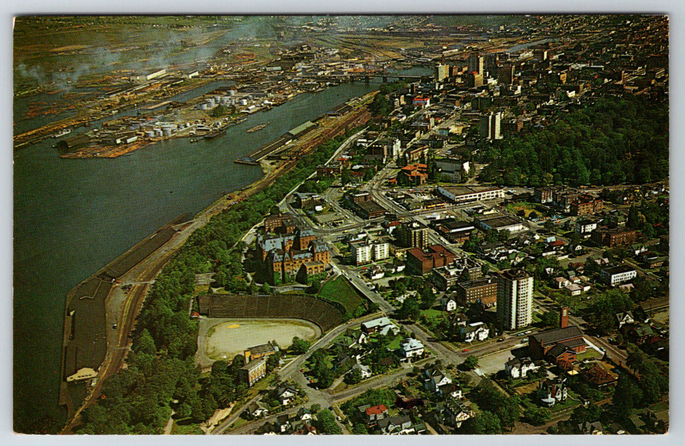 c1960s Tacoma Washington Aerial View Downtown Tacoma Stadium Vintage Postcard