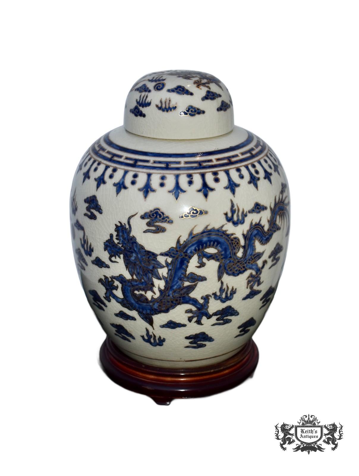 Vintage Ming Dynasty Porcelain Ginger Jar w/Dragon & Wood Base
