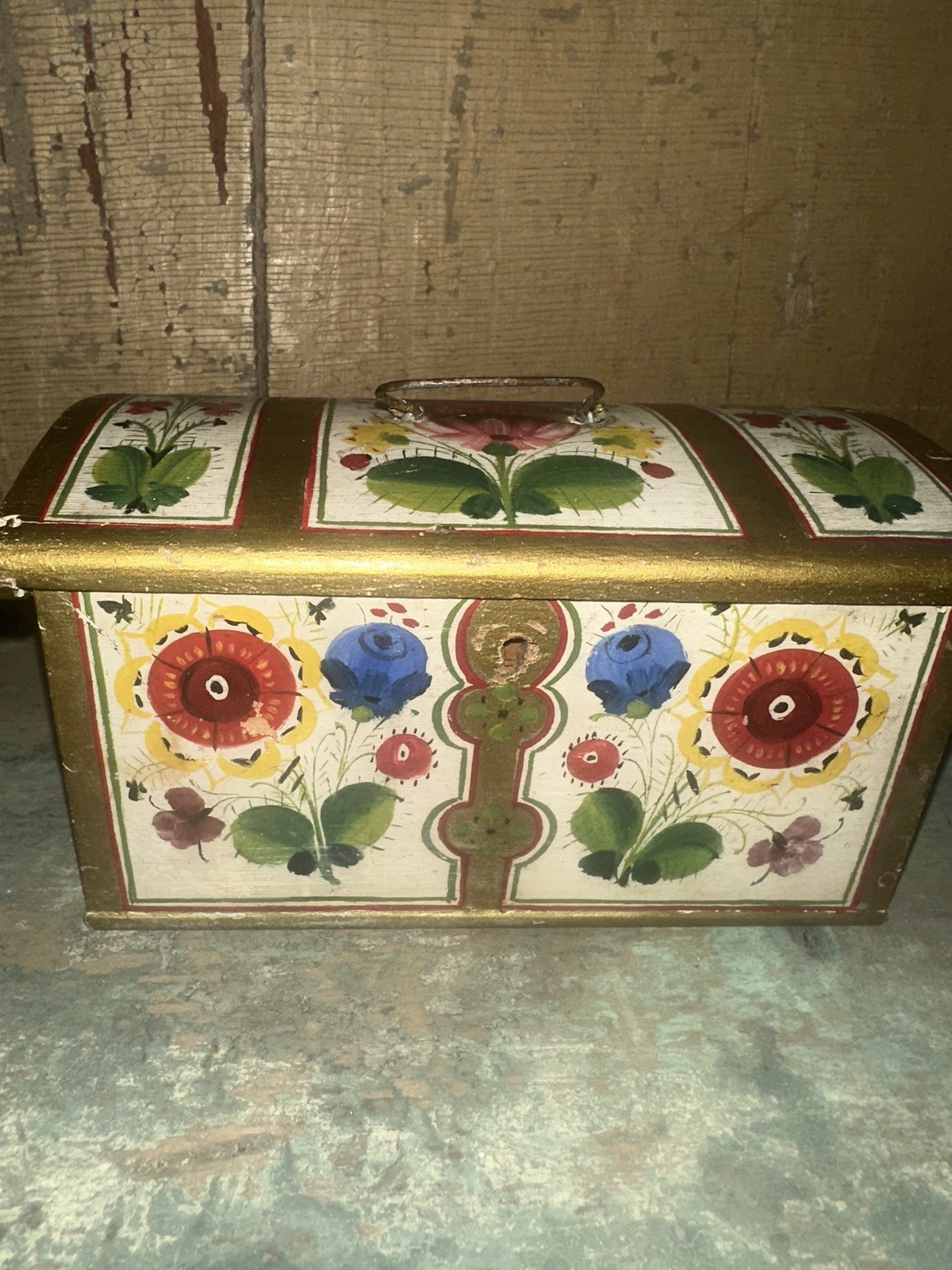 Antique Folk Art Miniature Painted Dome Chest Blanket Box