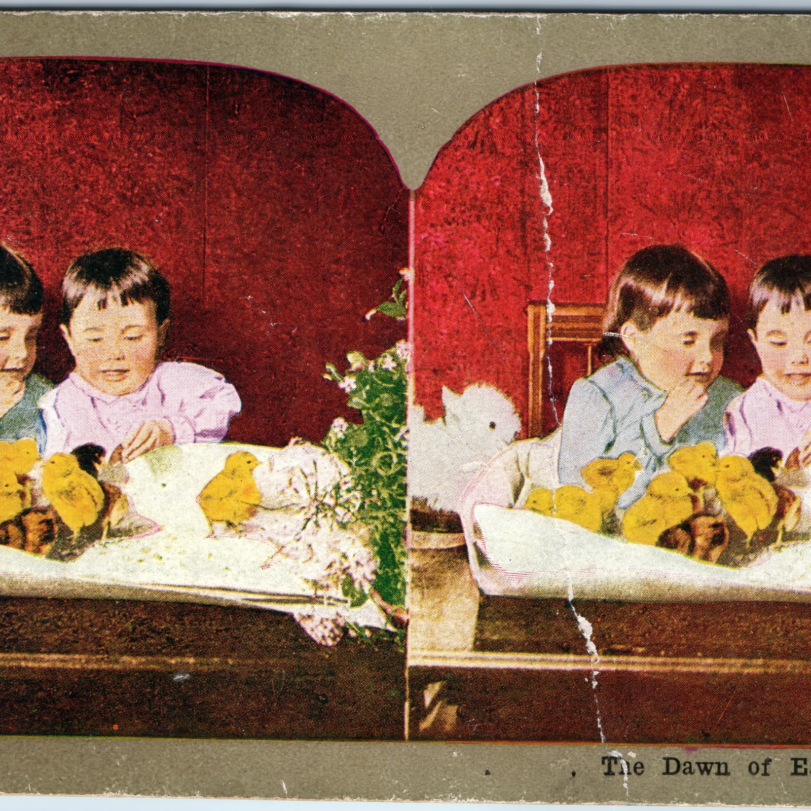 c1900 The Dawn of Easter Stereoview Card Children with Baby Chicks Rabbit Bunny