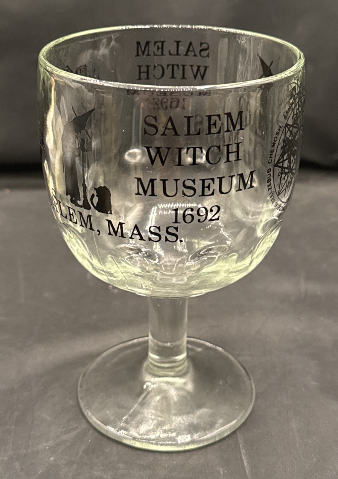 Vintage Salem Witch Museum Clear Glass Goblet Witch Black Cat 1692 Halloween
