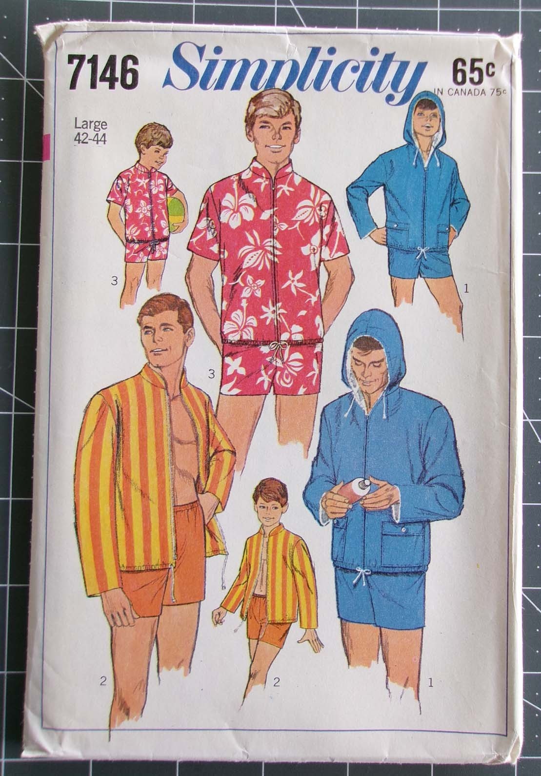Vintage 1960s Mens L Beachwear Pattern Jacket Swim Shorts Trunks Simplicity 7146