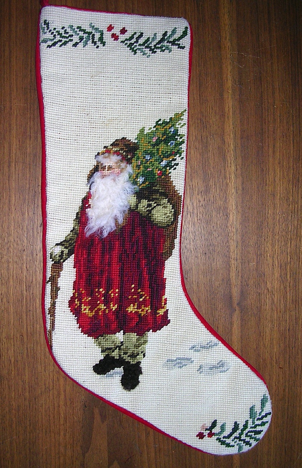 Vintage Needlepoint Christmas Stocking Santa St Nicolas Red Velvet Back 19\
