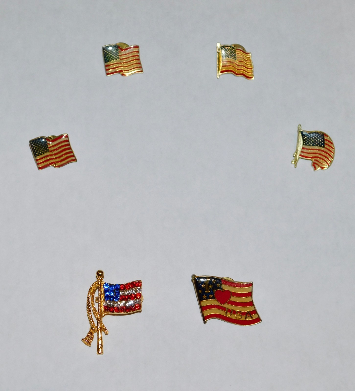 Lot of 6 VINTAGE American Flag Lapel Pins Patriotic Enamel Rhinestone