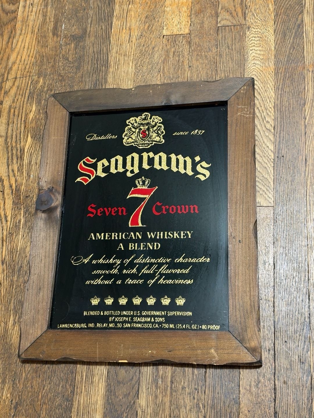 Vintage 70’s 80’s Seagram's Seven Crown Whiskey Wood Framed Bar Pub Mirror Sign