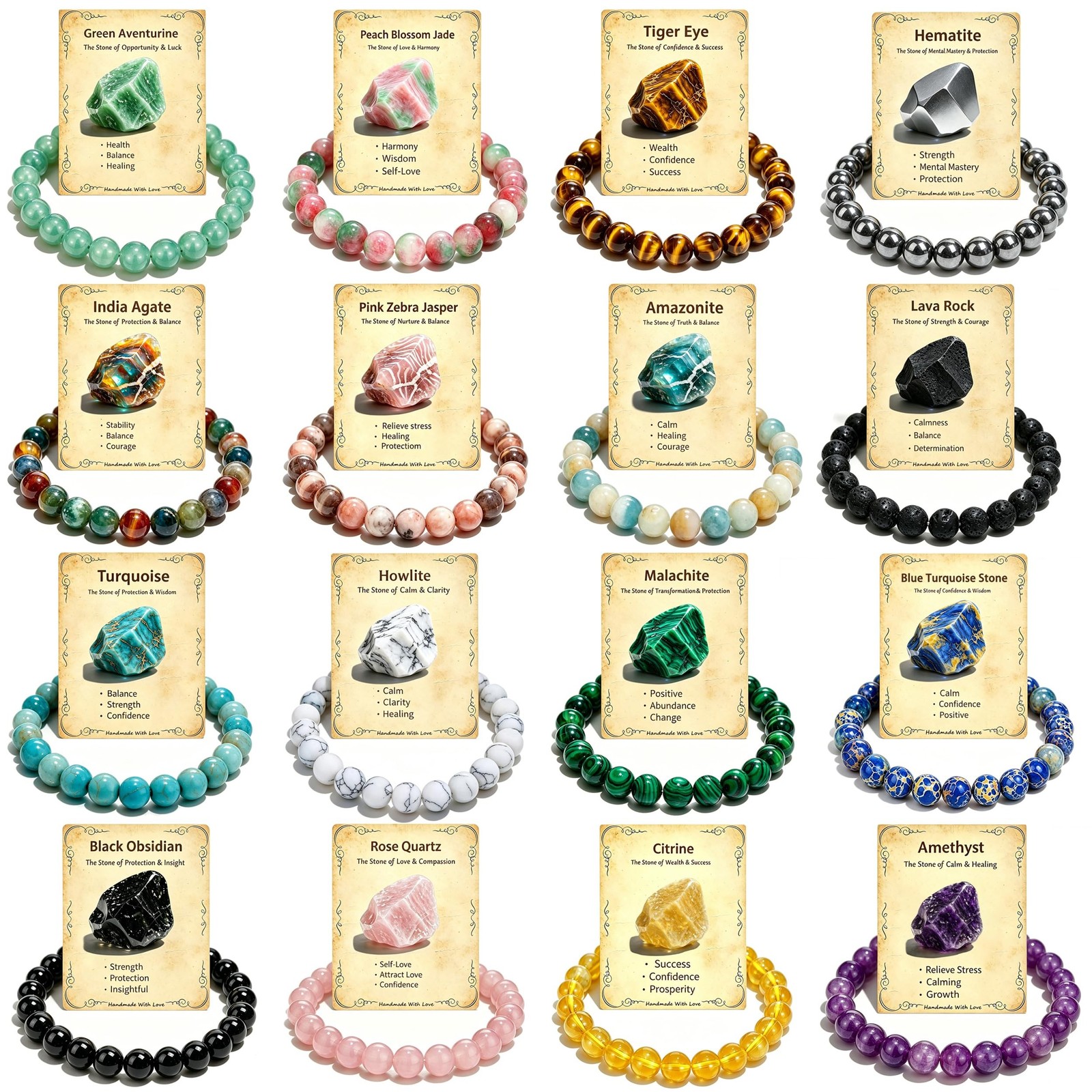 16 Pcs 8mm Natural Stone Beaded Healing Crystal Bracelets for Women Men A