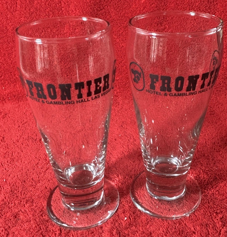 Frontier Hotel & Gambling Hall Las Vegas 2 Wide Base Pilsner Bar Glasses Vintage