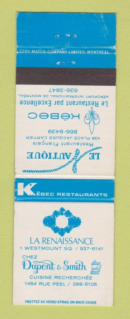 Matchbook Cover - La Renaissance Le Autique French Restaurant Montreal C