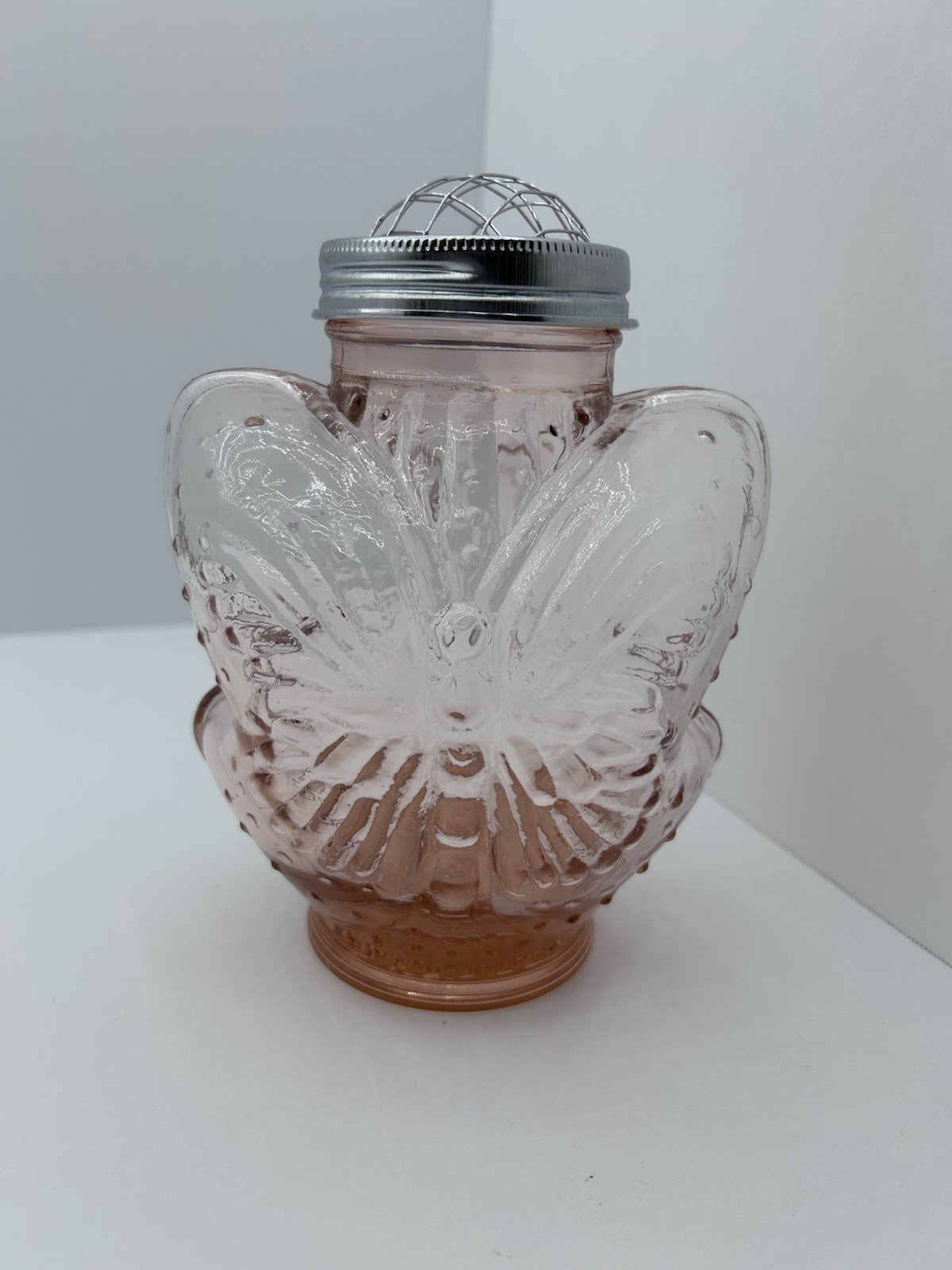 Pink Butterfly Shaped Glass Flower Frog Metal Lid Victorian Style Vase VTG/HTF