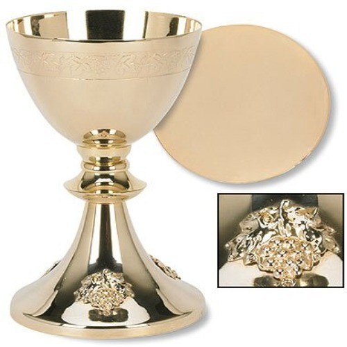 Brass 24kt Gold Plated Grape Cluster Design Chalice & Paten Home Decorative Set