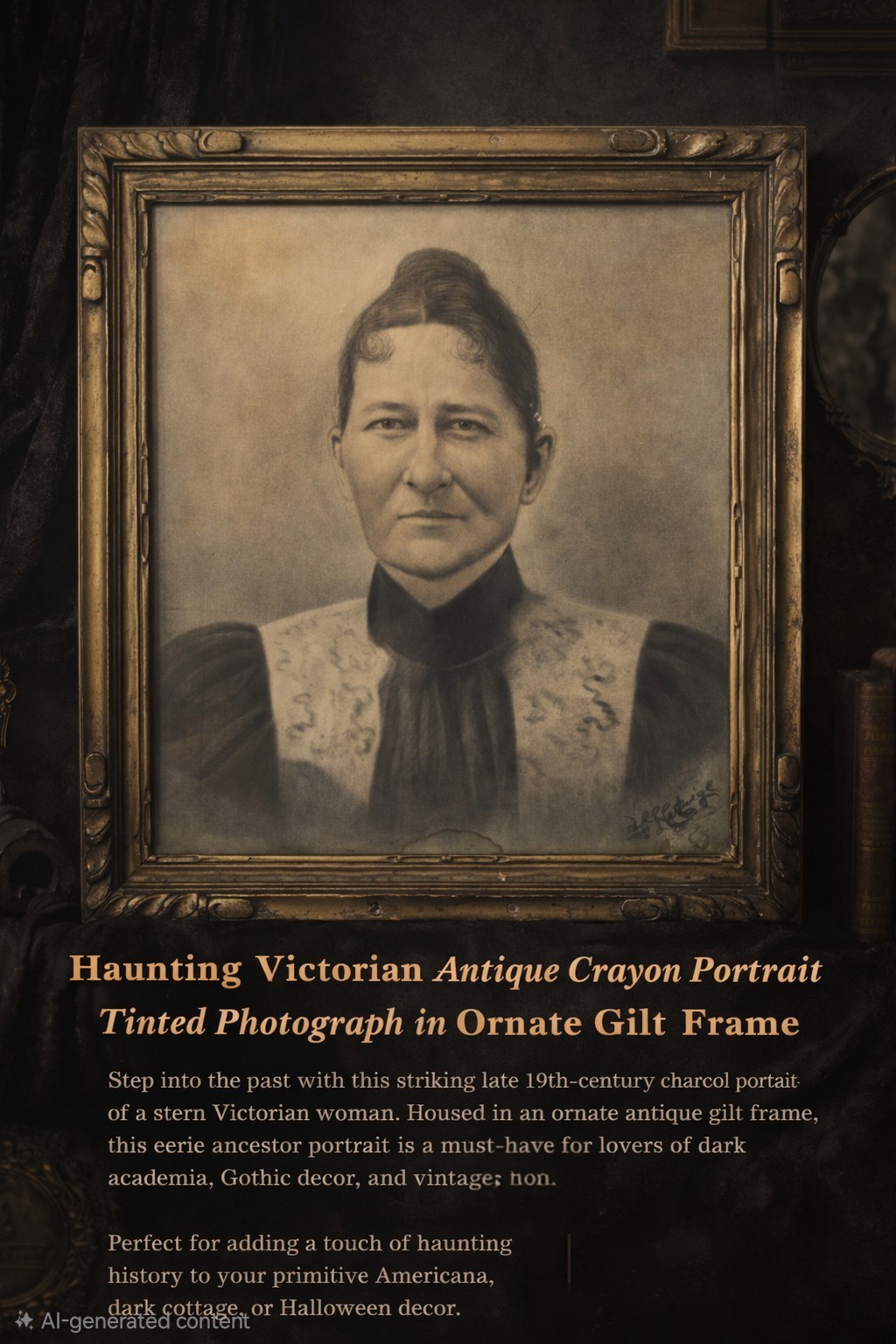 Haunting Victorian Antique Crayon Portrait Woman in Ornate Gilt Frame Gothic...