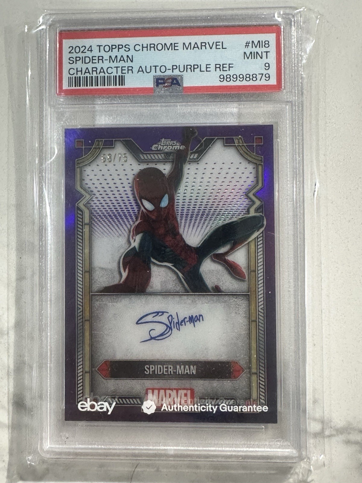 2024 Topps Chrome Marvel Spider-Man Character Auto Purple 68/75 PSA 9 #MI-8
