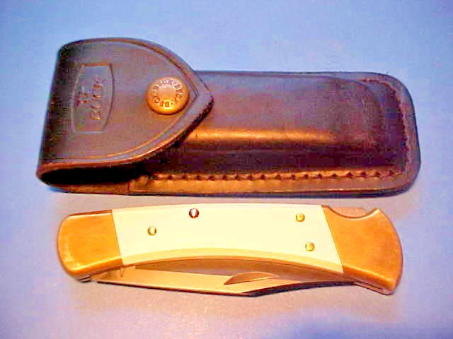 VINTAGE CUSTOM BUCK 110 KNIFE BLACK-OXIDE BLADE WHITE G10 SCALES LEATHER SHEATH