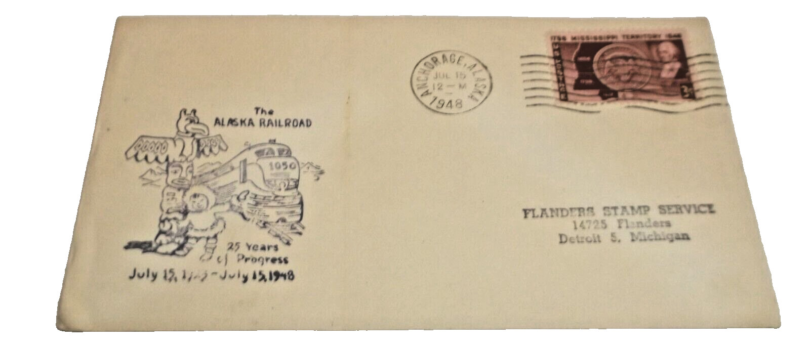 1948 ALASKA RAILROAD 25TH ANNIVERSARY 1923-1948 SOUVENIR ENVELOPE H