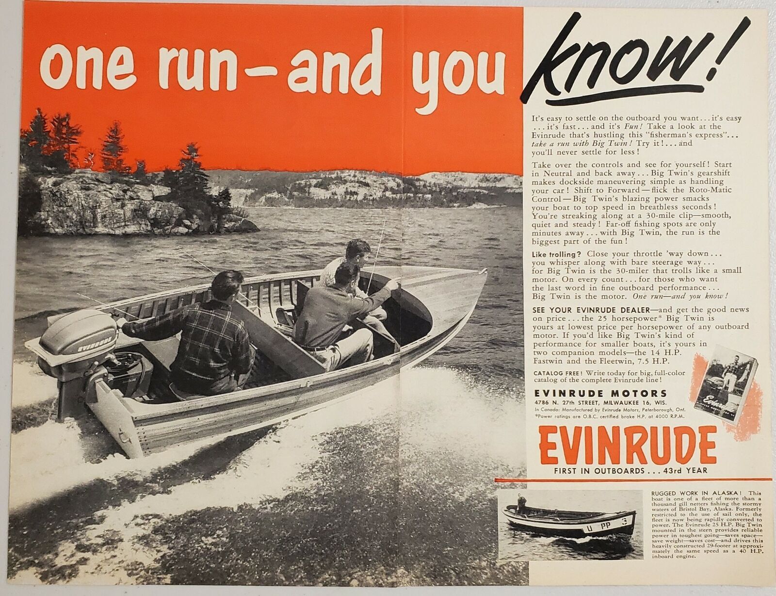 1952 Print Ad Evinrude Outboard Motors 3 Men in Fishing Boat Go Fast