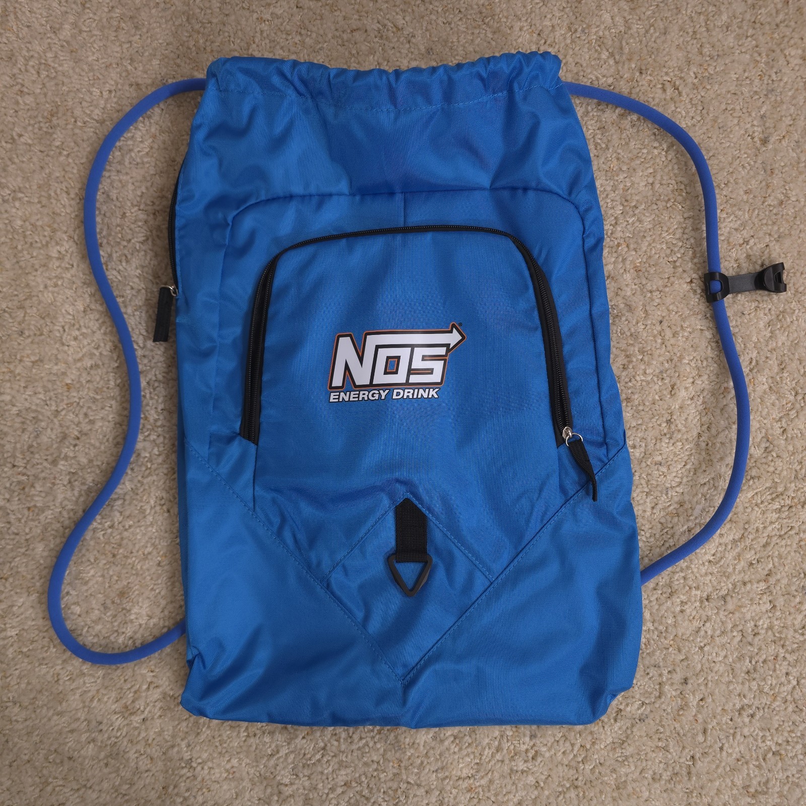 NOS Energy Drink Deluxe Vtg Promo Blue Cinch Drawstring Bag Zip Pockets 20x15