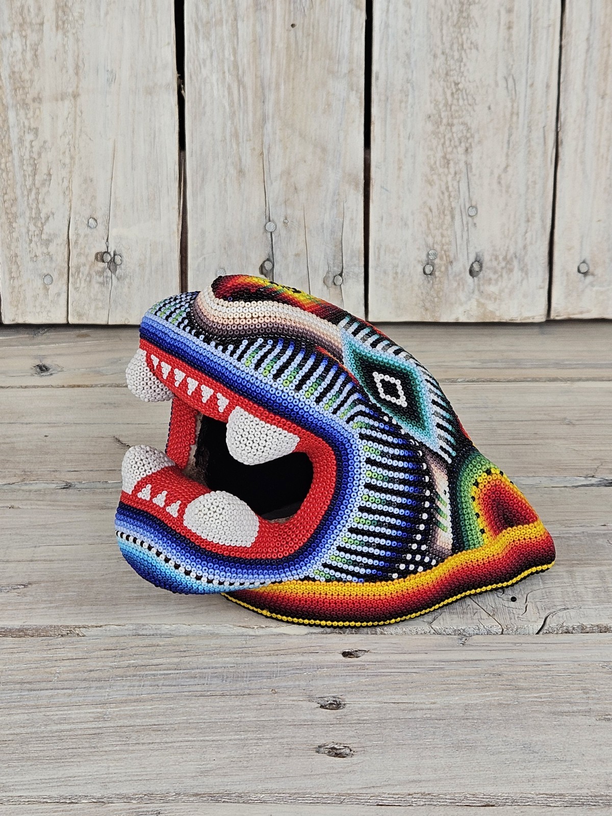 Wixárika Huichol Jaguar Head - Handmade With Colorful Glass Beats On Beeswax