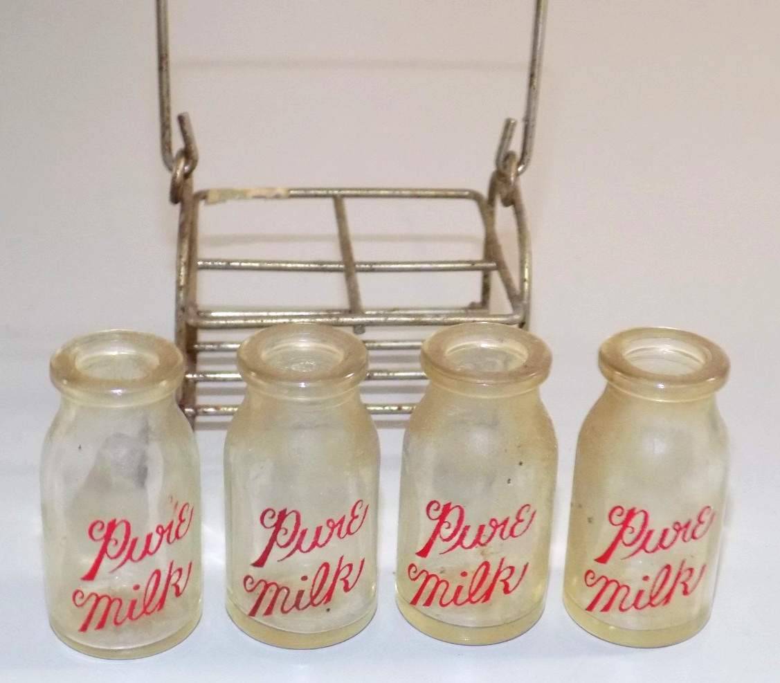 VINTAGE PURE MILK MINIATURE BOTTLES WITH CARRIER COMPLETE